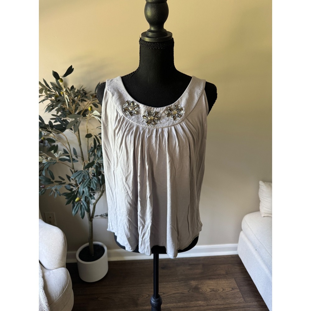 Spiegel Womens Embellished Rhinestone Tank Top Gray Pleated Rayon Blend Medium